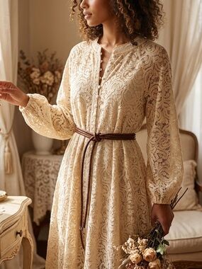 Chelsea28 Cream Lace Midi Dress with Brown Belt